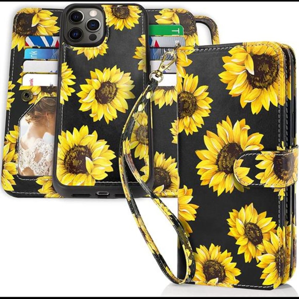For iPhone 12 Pro Max Sunflower Case Wallet-Magnetic Detachable 2 in 1 Leather